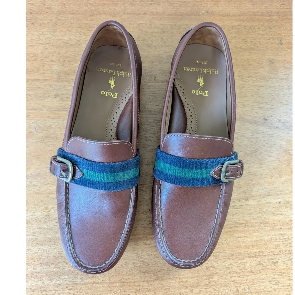 Polo Ralph Lauren Riali Leather Driving Loafers Men's 8D Brown Striped Buckle